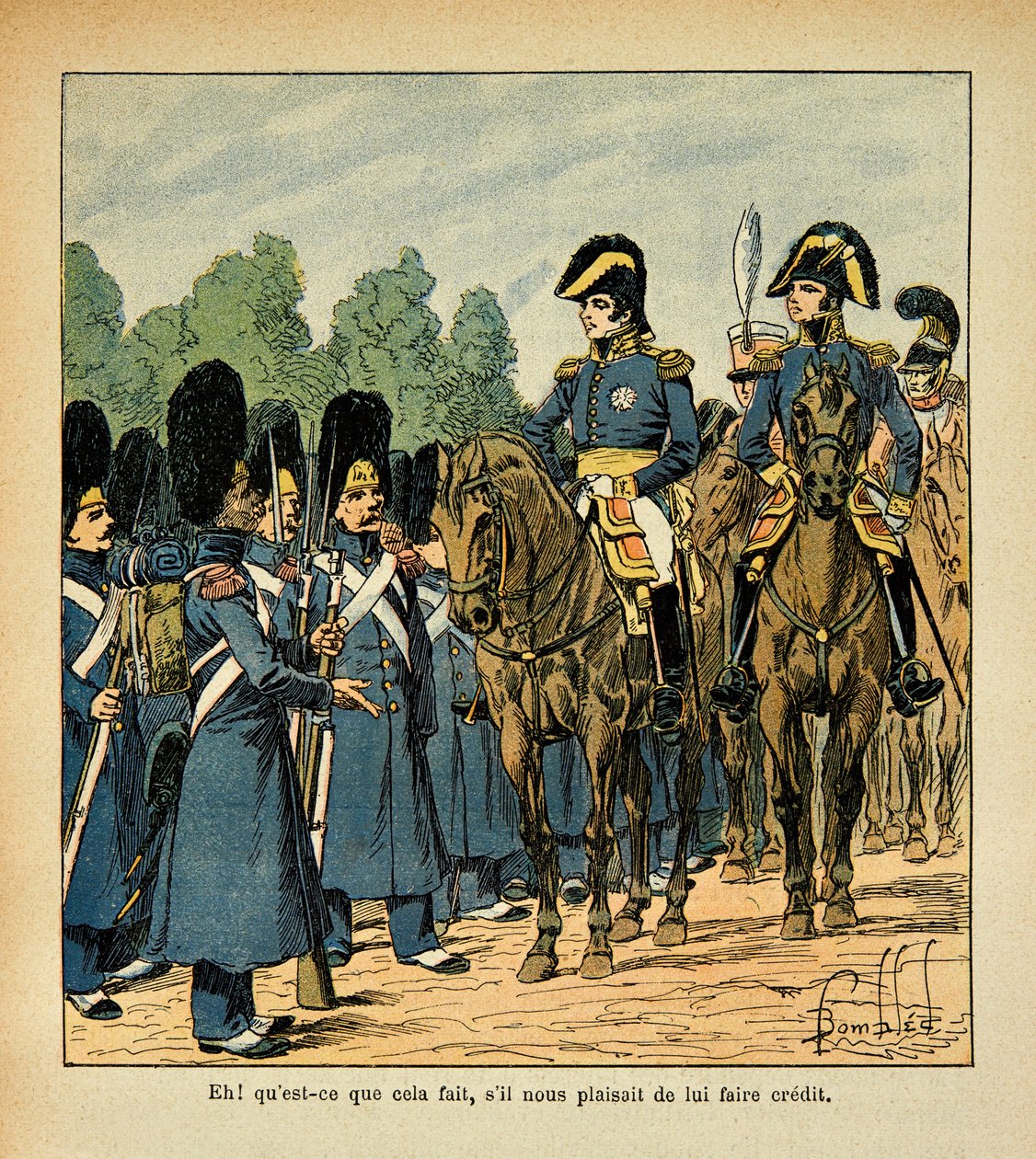 Illustration af Bombled Louis (1862-1927) fra bogen "The Memorial of Saint Helene" af Grev Emmanuel de Las Cases (1766-1842): En gnaven ringer til en officer, Privatsamling af Louis Charles Bombled