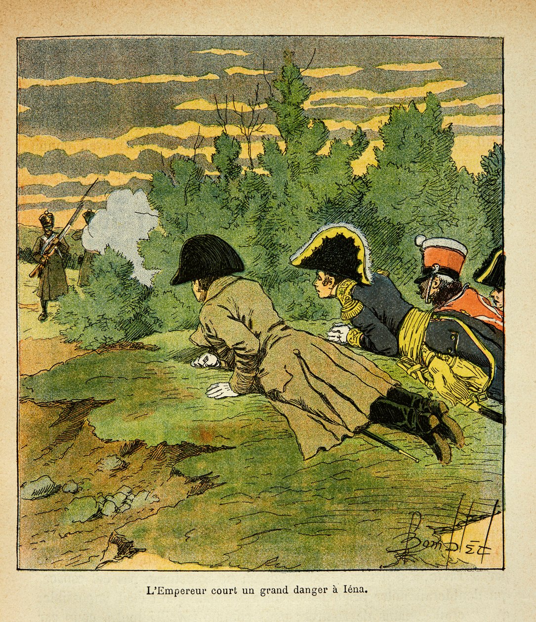 Illustration af Bombled Louis (1862-1927) fra bogen "The Memorial of Saint Helene" af Grev Emmanuel de Las Cases (1766-1842): På tærsklen til slaget ved Iena kaster kejser Napoleon sig efter at have genkendt fjendens linjer. flad, når en fransk senti af Louis Charles Bombled