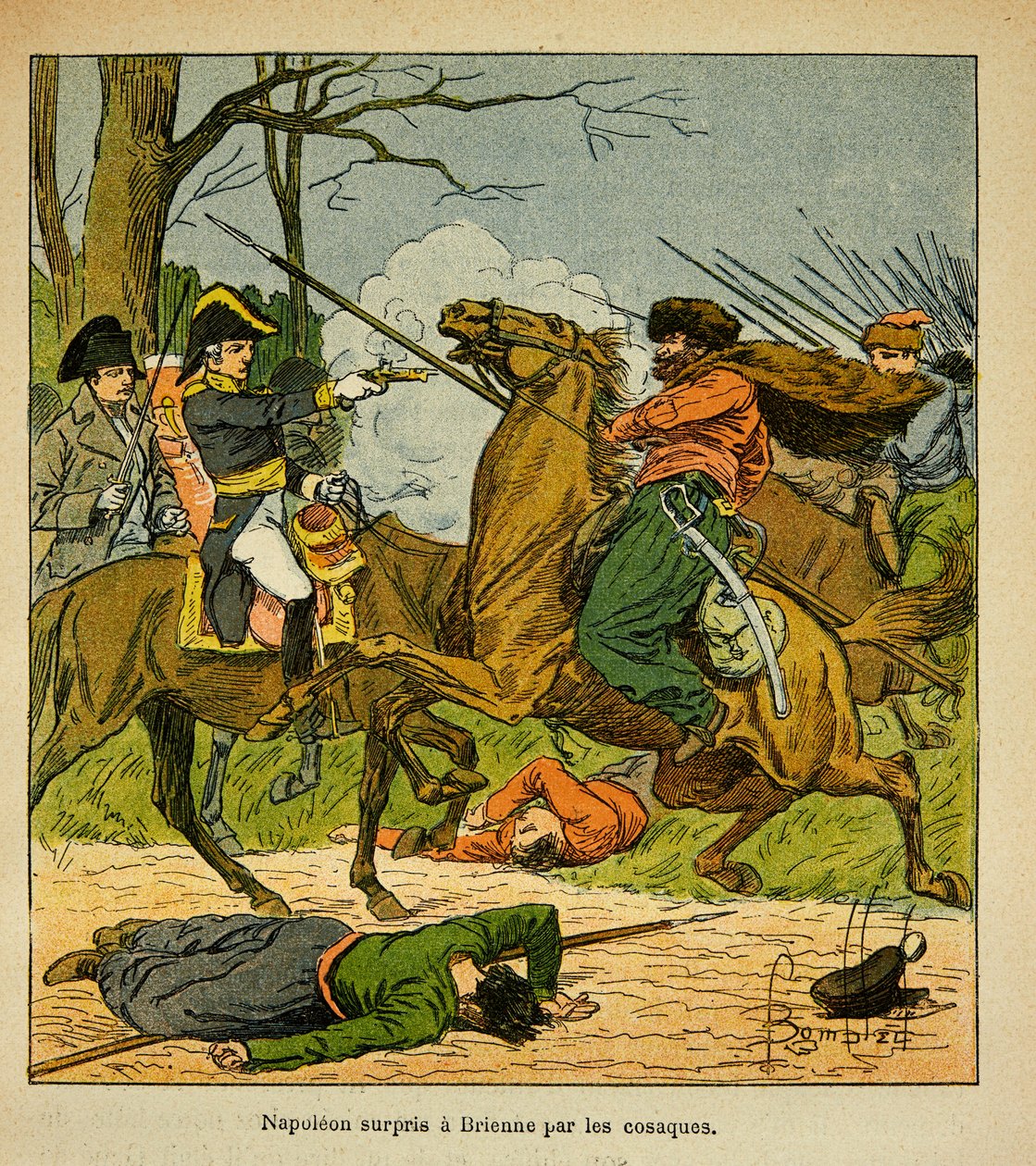 Illustration af Bombled Louis (1862-1927) fra bogen "The Memorial of Saint Helene" af grev Emmanuel de Las Cases (1766-1842): Napoleon overrasket i Brienne af kosakker, privat samling af Louis Charles Bombled
