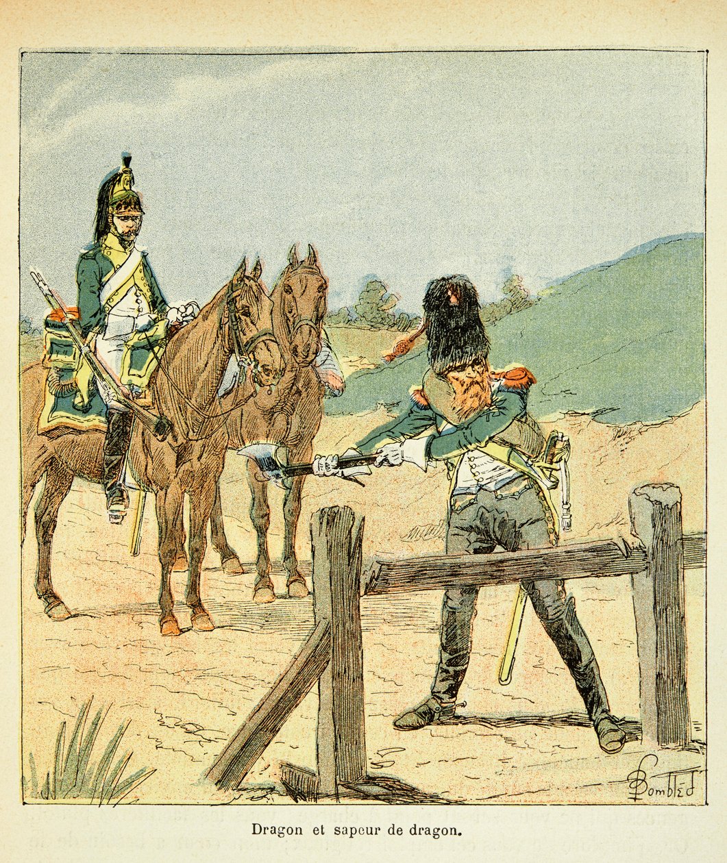 Illustration af Bombled Louis (1862-1927) fra bogen "The Memorial of Saint Helene" af grev Emmanuel de Las Cases (1766-1842): French Armee: Dragon and Dragon Sapper, privat samling af Louis Charles Bombled
