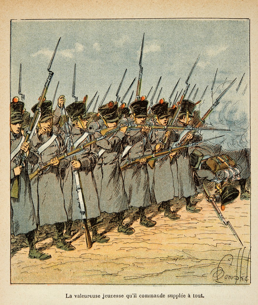Illustration af Bombled Louis (1862-1927) fra bogen "The Memorial of Saint Helene" af Grev Emmanuel de Las Cases (1766-1842): Franskmændene under slaget ved Lutzen i 1813, privat samling af Louis Charles Bombled