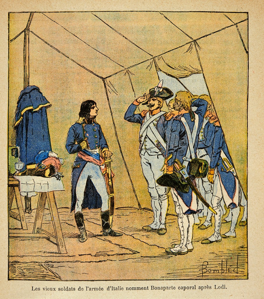 Illustration af Bombled Louis (1862-1927) fra bogen "The Memorial of Saint Helene" af grev Emmanuel de Las Cases (1766-1842): De gamle soldater i den italienske hær udnævnte Bonaparte til korporal efter slaget ved Lodi i 1796, Private Collection af Louis Charles Bombled