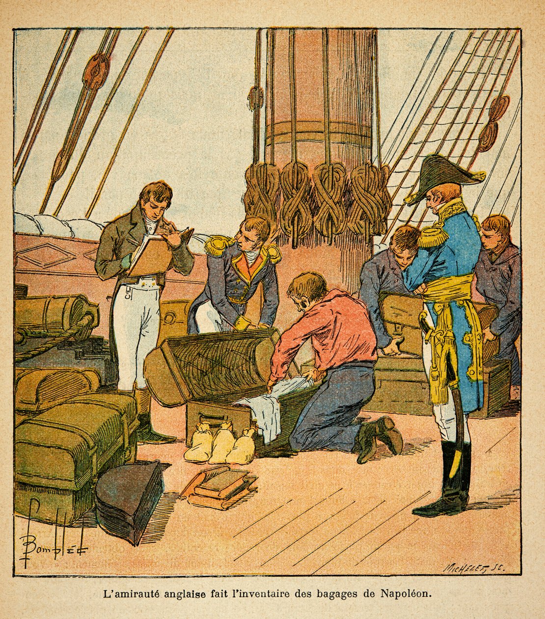 Illustration af Bombled Louis (1862-1927) fra bogen "The Memorial of Saint Helene" af grev Emmanuel de Las Cases (1766-1842): Den engelske admirut foretager en opgørelse over kejser Napoleons bagage før hans afrejse til Sankt Helene i 1815, Priva af Louis Charles Bombled