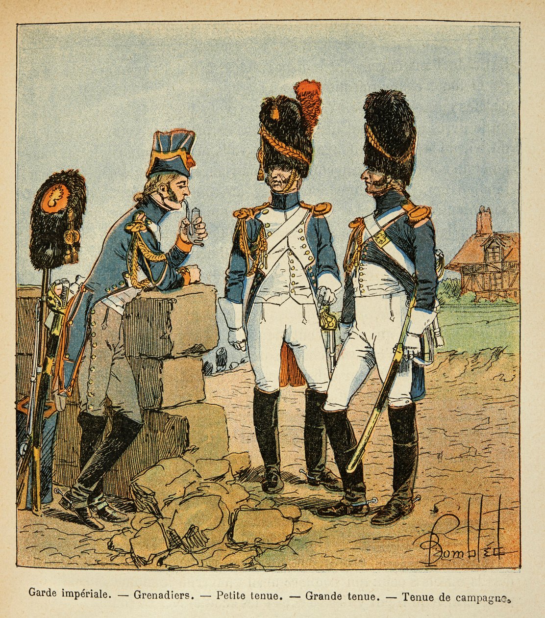 Illustration af Bombled Louis (1862-1927) fra bogen "The Memorial of Saint Helene" af Grev Emmanuel de Las Cases (1766-1842): Kejsergardens grenaderer: Lille outfit; stort outfit og country outfit, Privat samling af Louis Charles Bombled