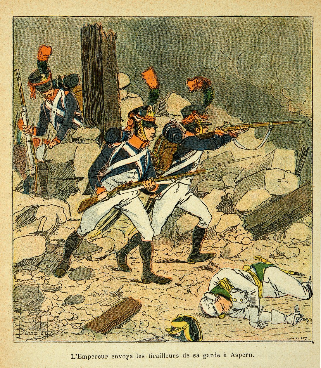 Illustration af Bombled Louis (1862-1927) fra bogen "The Memorial of Saint Helene" af Grev Emmanuel de Las Cases (1766-1842): Kejser Napoleon sendte sin vagt til Aspern under slaget ved Essling af Louis Charles Bombled
