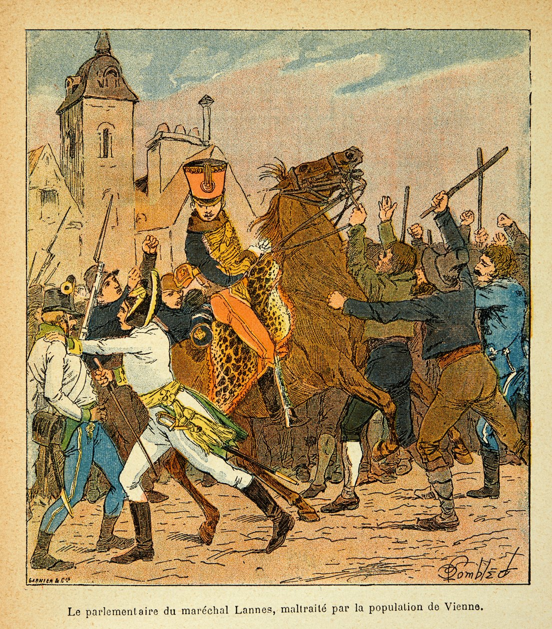 Illustration af Bombled Louis (1862-1927) fra bogen "The Memorial of Saint Helene" af grev Emmanuel de Las Cases (1766-1842): Parlamentarikeren i Marechal Lannes mishandlet af befolkningen i Wien, privat samling af Louis Charles Bombled
