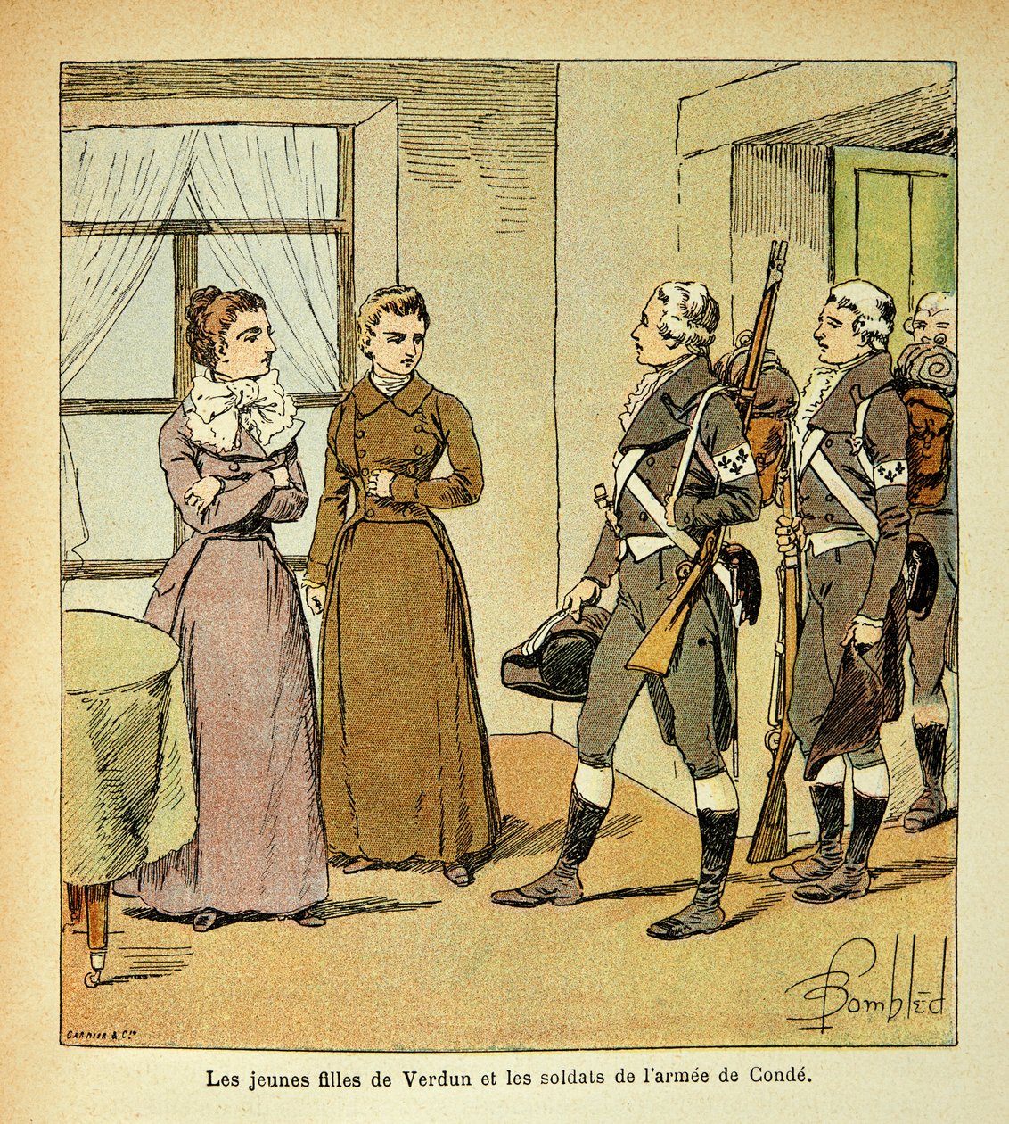 Illustration af Bombled Louis (1862-1927) fra bogen "The Memorial of Saint Helene" af Grev Emmanuel de Las Cases (1766-1842): The Young Daughters of Verdun and the Soldiers of the Armee of Conde (Armee des Emigrres), Privat samling af Louis Charles Bombled