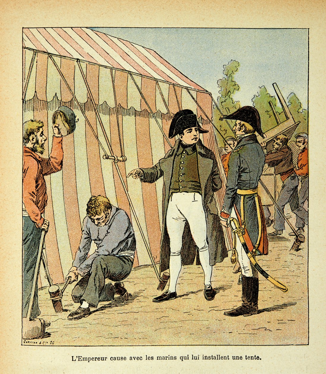 Illustration af Bombled Louis (1862-1927) fra bogen "The Memorial of Saint Helene" af grev Emmanuel de Las Cases (1766-1842): Kejser Napoleon taler med matroserne, der har rejst et telt for ham, Private Collection af Louis Charles Bombled