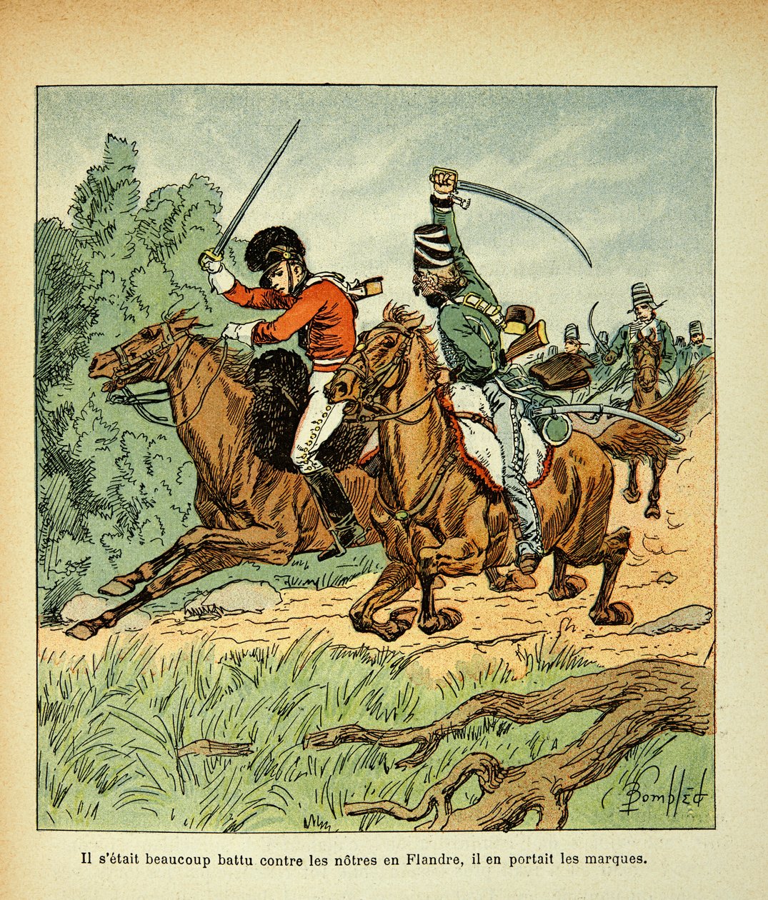 Illustration af Bombled Louis (1862-1927) fra bogen "The Memorial of Saint Helene" af Grev Emmanuel de Las Cases (1766-1842): Kamp mellem franske og engelske ryttere, Privat samling af Louis Charles Bombled