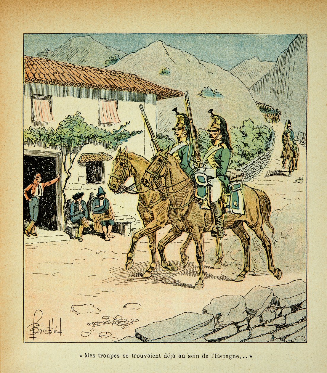 Illustration af Bombled Louis (1862-1927) fra bogen "The Memorial of Saint Helene" af grev Emmanuel de Las Cases (1766-1842): Franske tropper under den spanske krig, privat samling af Louis Charles Bombled