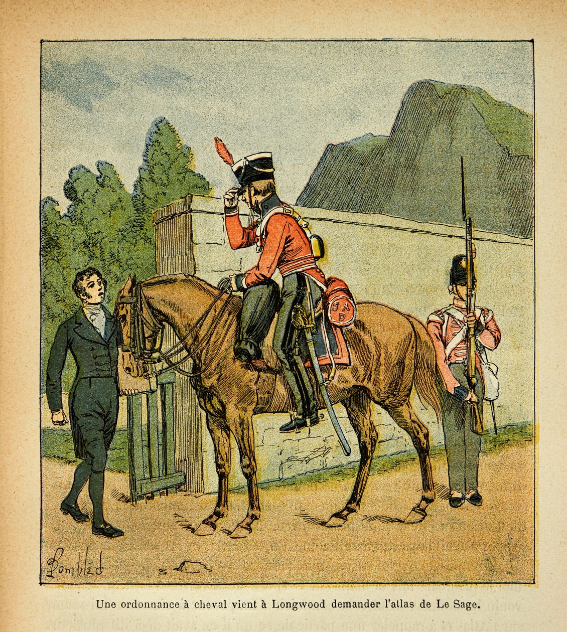 Illustration af Bombled Louis (1862-1927) fra bogen "The Memorial of Saint Helene" af grev Emmanuel de Las Cases (1766-1842): En ordinance til en hest kommer til Longwood og beder om atlaset over Le Sage, Collection Partial af Louis Charles Bombled