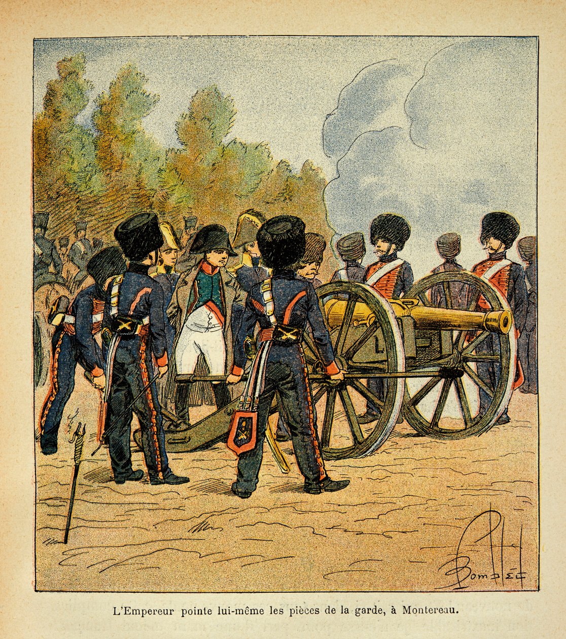 Illustration af Bombled Louis (1862-1927) fra bogen "The Memorial of Saint Helene" af Grev Emmanuel de Las Cases (1766-1842): Kejser Napoleon retter selv vagtens kanoner mod slaget ved Montereau, privatsamling af Louis Charles Bombled