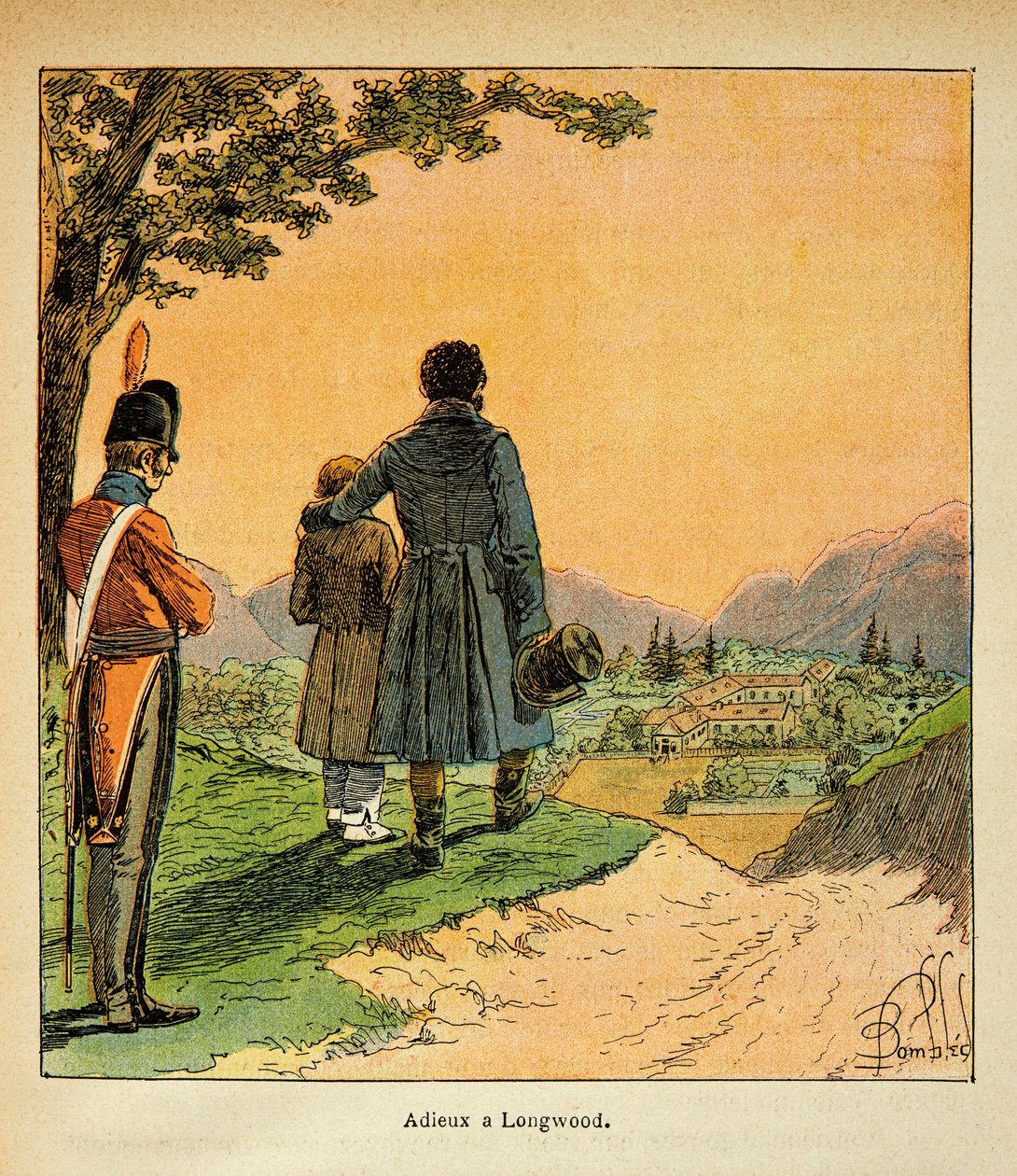 Illustration af Bombled Louis (1862-1927) fra bogen "The Memorial of Saint Helene" af Grev Emmanuel de Las Cases (1766-1842): Farvel til Las Cases og hans søn til Longwood, Privatsamling af Louis Charles Bombled