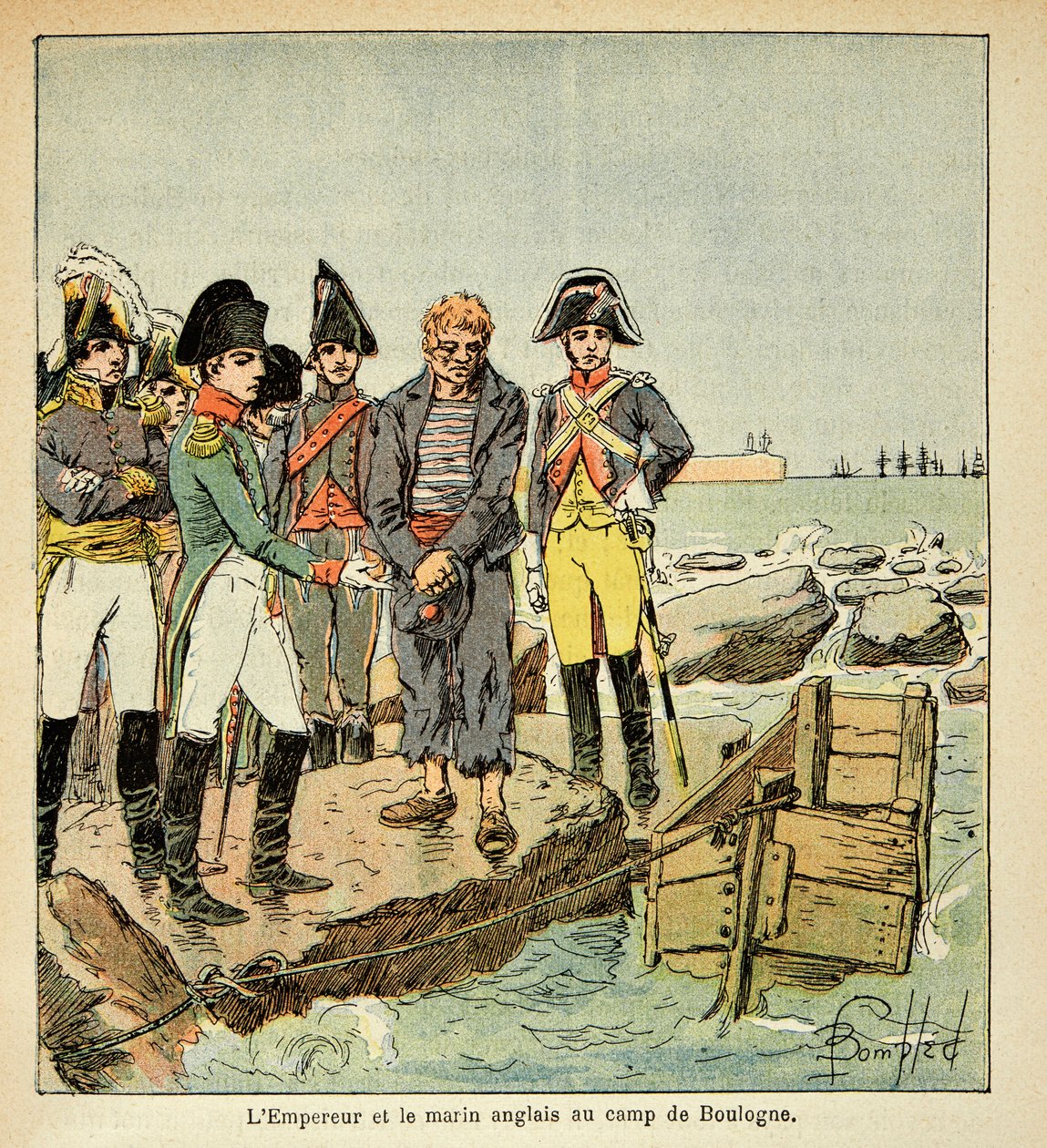 Illustration af Bombled Louis (1862-1927) fra bogen "The Memorial of Saint Helene" af Grev Emmanuel de Las Cases (1766-1842): En engelsk sømand, der søger at slutte sig til sit land befriet af kejseren i Boulognes lejr, menig Kollektion af Louis Charles Bombled