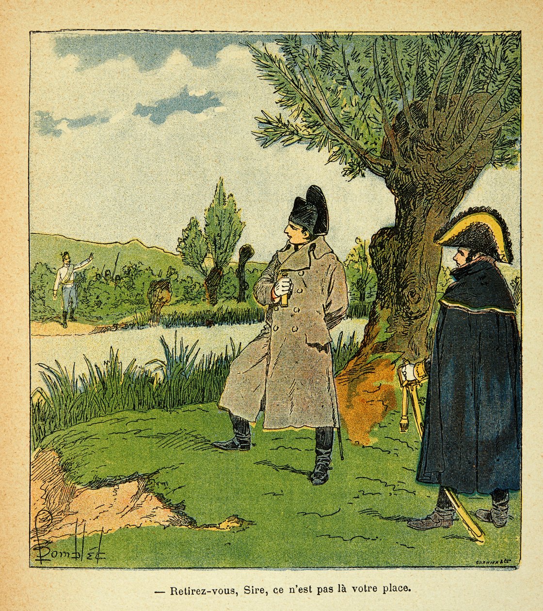 Illustration af Bombled Louis (1862-1927) fra bogen "The Memorial of St. Helene" af Grev Emmanuel de Las Cases (1766-1842): På øen Laubo under slaget ved Esling, tager Napoleon risici, en østrigsk officer opfordrer kejseren "" Withdr af Louis Charles Bombled