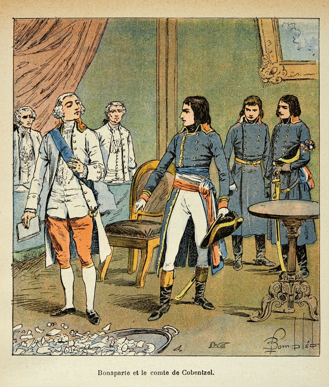Illustration af Bombled Louis (1862-1927) fra bogen "The Memorial of St. Helene" af Grev Emmanuel de Las Cases (1766-1842): Interview mellem Bonaparte og grev Louis Cobenzl, Østrigs kansler under handelen med Campo Formio, Privat samling af Louis Charles Bombled