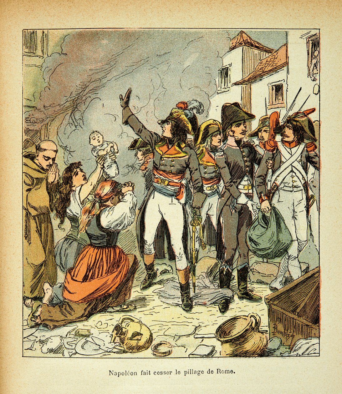 Illustration af Bombled Louis (1862-1927) fra bogen "The Memorial of St. Helene" af Grev Emmanuel de Las Cases (1766-1842): Bonaparte ophører med plyndringen af Rom, Privatsamling af Louis Charles Bombled