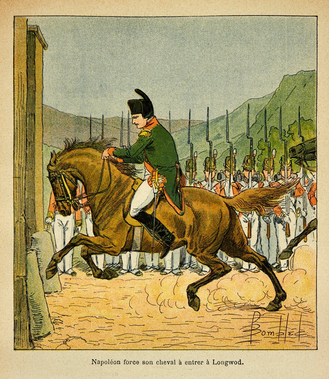 Illustration af Bombled Louis (1862-1927) fra bogen "The Memorial of St. Helene" af Grev Emmanuel de Las Cases (1766-1842): Kejser Napoleon tvinger sin hest til at gå ind i Longwood ved St. Helene, Privat Samling af Louis Charles Bombled