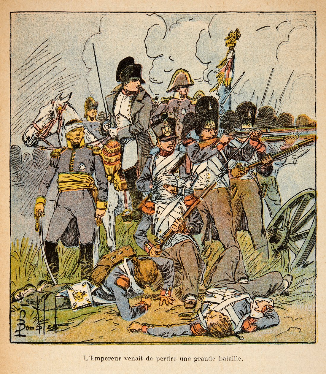 Illustration af Bombled Louis (1862-1927) fra bogen "The Memorial of St. Helene" af grev Emmanuel de Las Cases (1766-1842): Kejser Napoleon i slaget ved Waterloo i 1815, Private Collection af Louis Charles Bombled