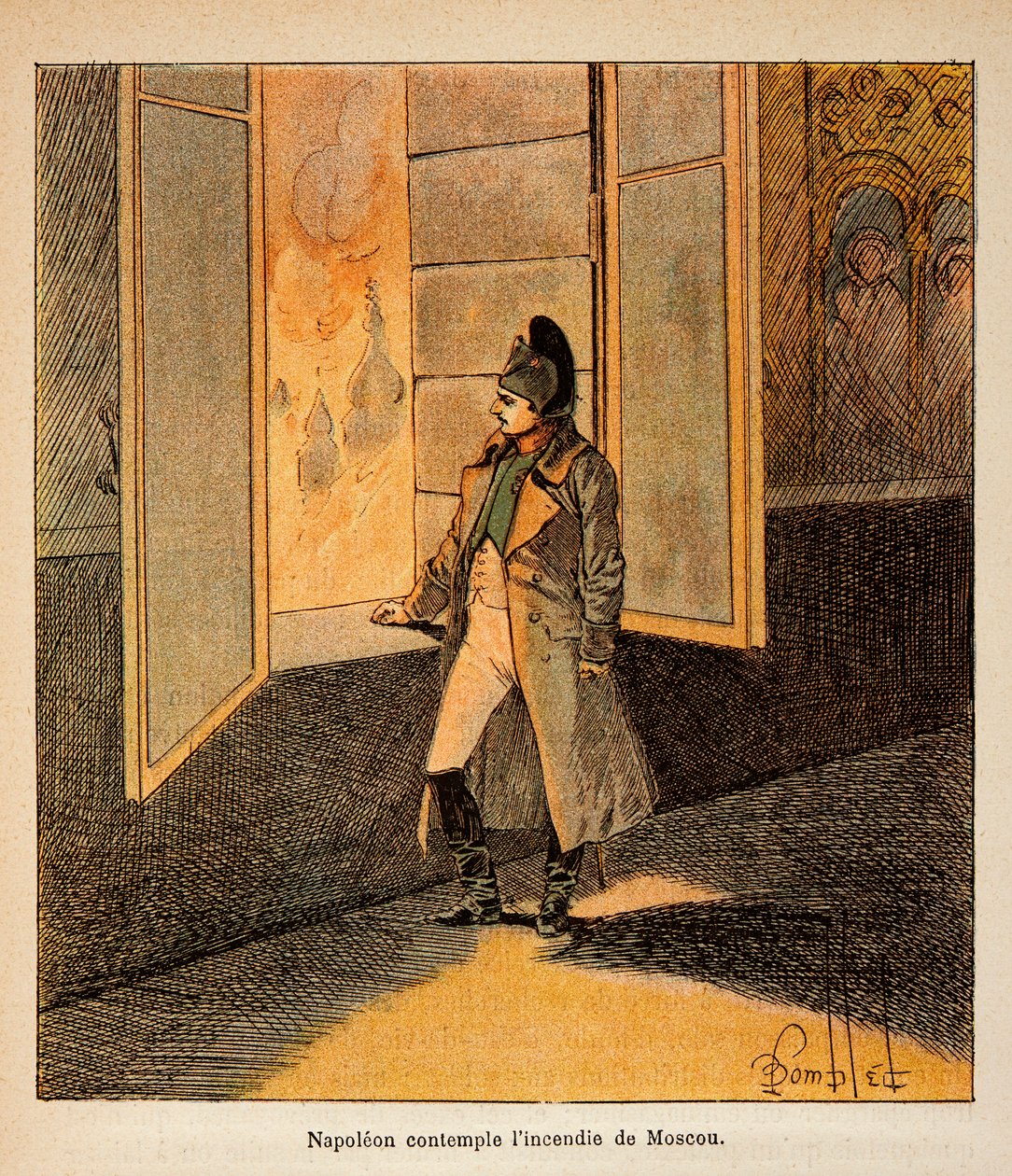 Illustration af Bombled Louis (1862-1927) fra bogen "The Memorial of St. Helene" af Grev Emmanuel de Las Cases (1766-1842): Kejser Napoleon overvejer Moskvas brand i september 1812, privat samling af Louis Charles Bombled
