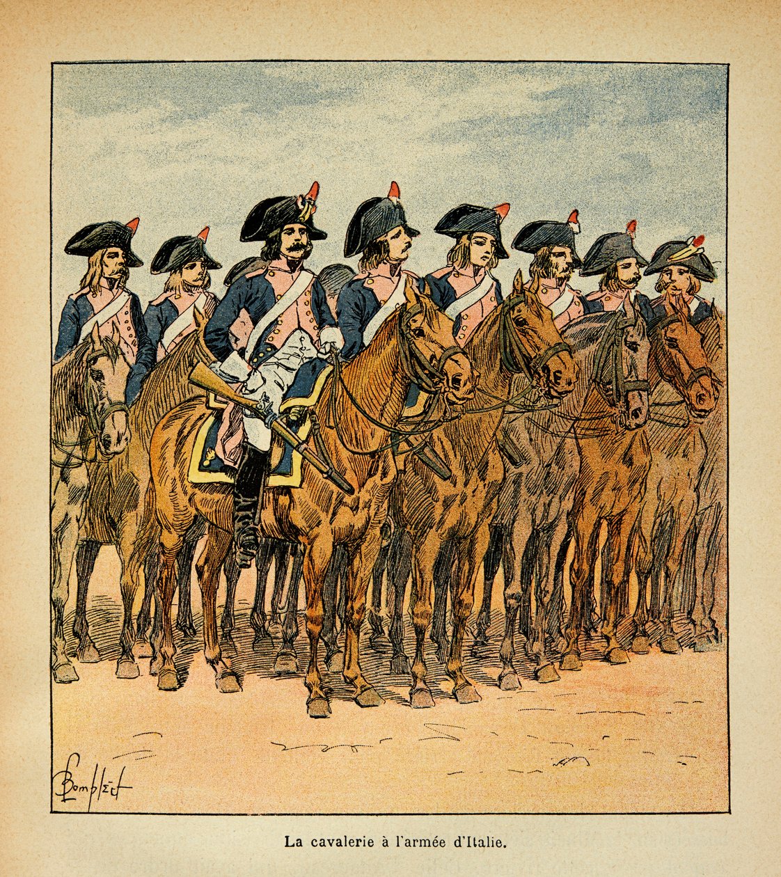 Illustration af Bombled Louis (1862-1927) fra bogen "The Memorial of St. Helene" af Grev Emmanuel de Las Cases (1766-1842): Kavaleri med Armee of Italy, Privat Samling af Louis Charles Bombled
