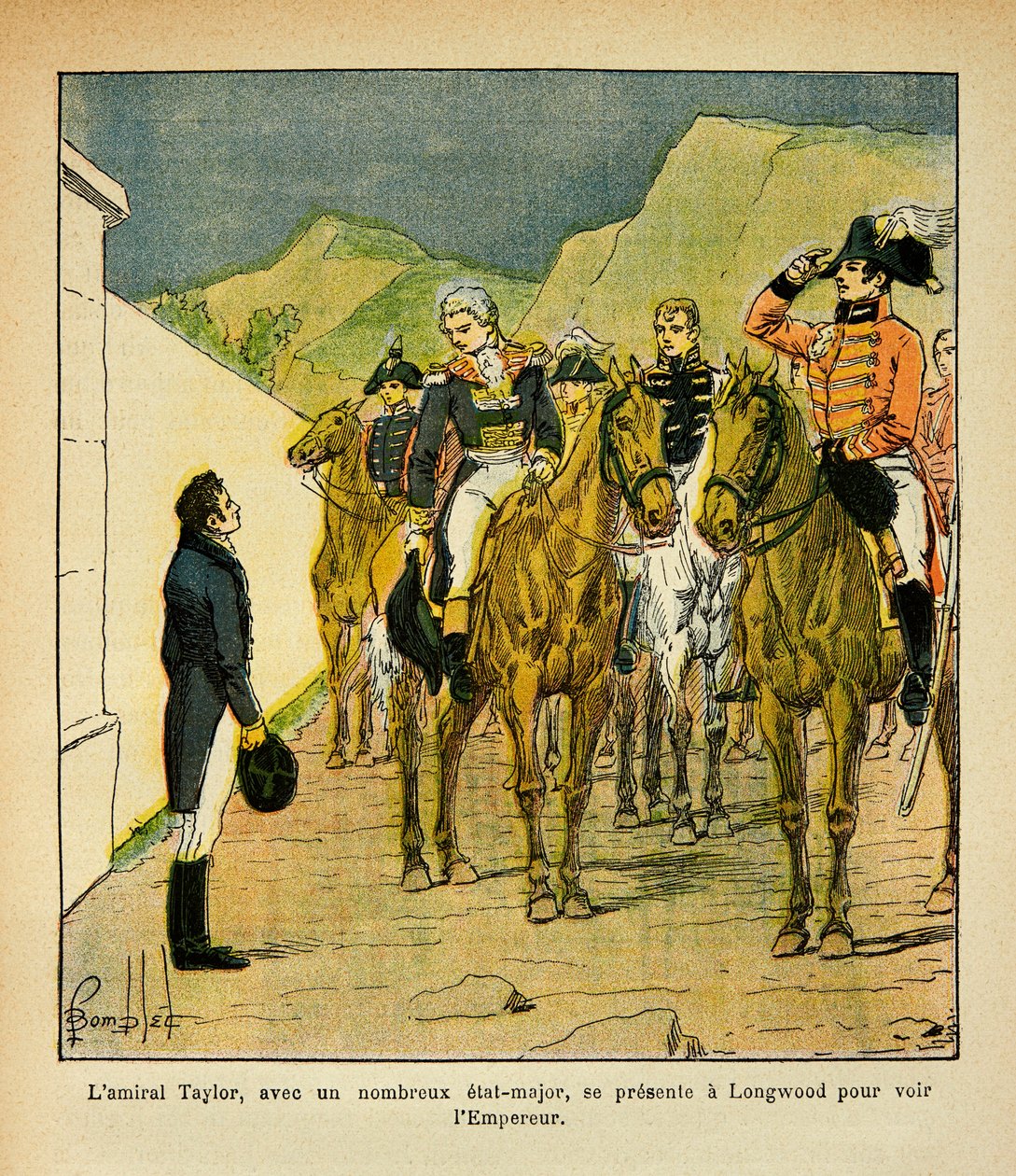 Illustration af Bombled Louis (1862-1927) fra bogen "The Memorial of St. Helene" af grev Emmanuel de Las Cases (1766-1842): Admiral Taylor med en generalstab præsenterer sig selv i Longwood for at møde kejser Napoleon, privatsamling af Louis Charles Bombled