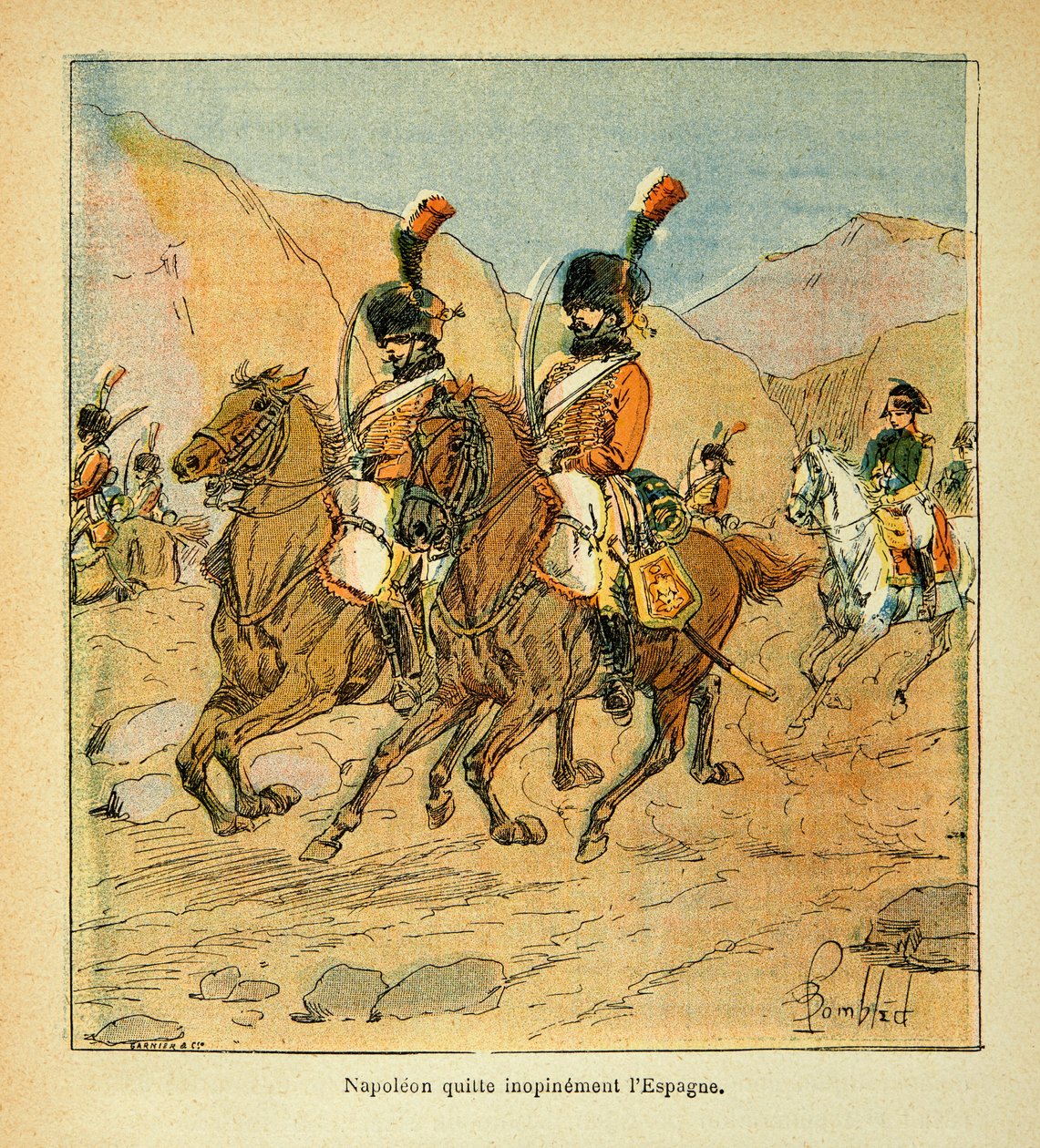 Illustration af Bombled Louis (1862-1927) fra bogen "The Memorial of St. Helene" af greve Emmanuel de Las Cases (1766-1842): Kejser Napoleon forlader hastigt Spanien af Louis Charles Bombled