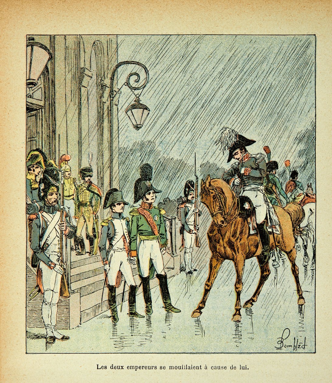 Illustration af Bombled Louis (1862-1927) fra bogen "The Memorial of St. Helene" af Grev Emmanuel de Las Cases (1766-1842): Kejser Napoleon, Konge af Preussen og Zar Alexander I (1777-1825) ved Tilsitt Traktat i 1807, Privat Samling af Louis Charles Bombled