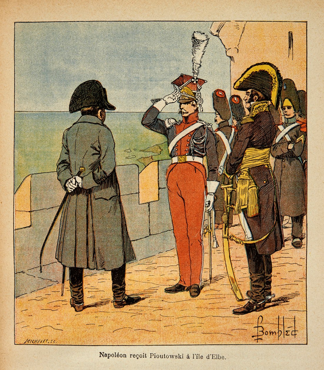 Illustration af Bombled Louis (1862-1927) fra bogen "The Memorial of St. Helene" af Grev Emmanuel de Las Cases (1766-1842): Kejser Napoleon modtager Marechal Poniatowski på Elba Island, Privat Samling af Louis Charles Bombled