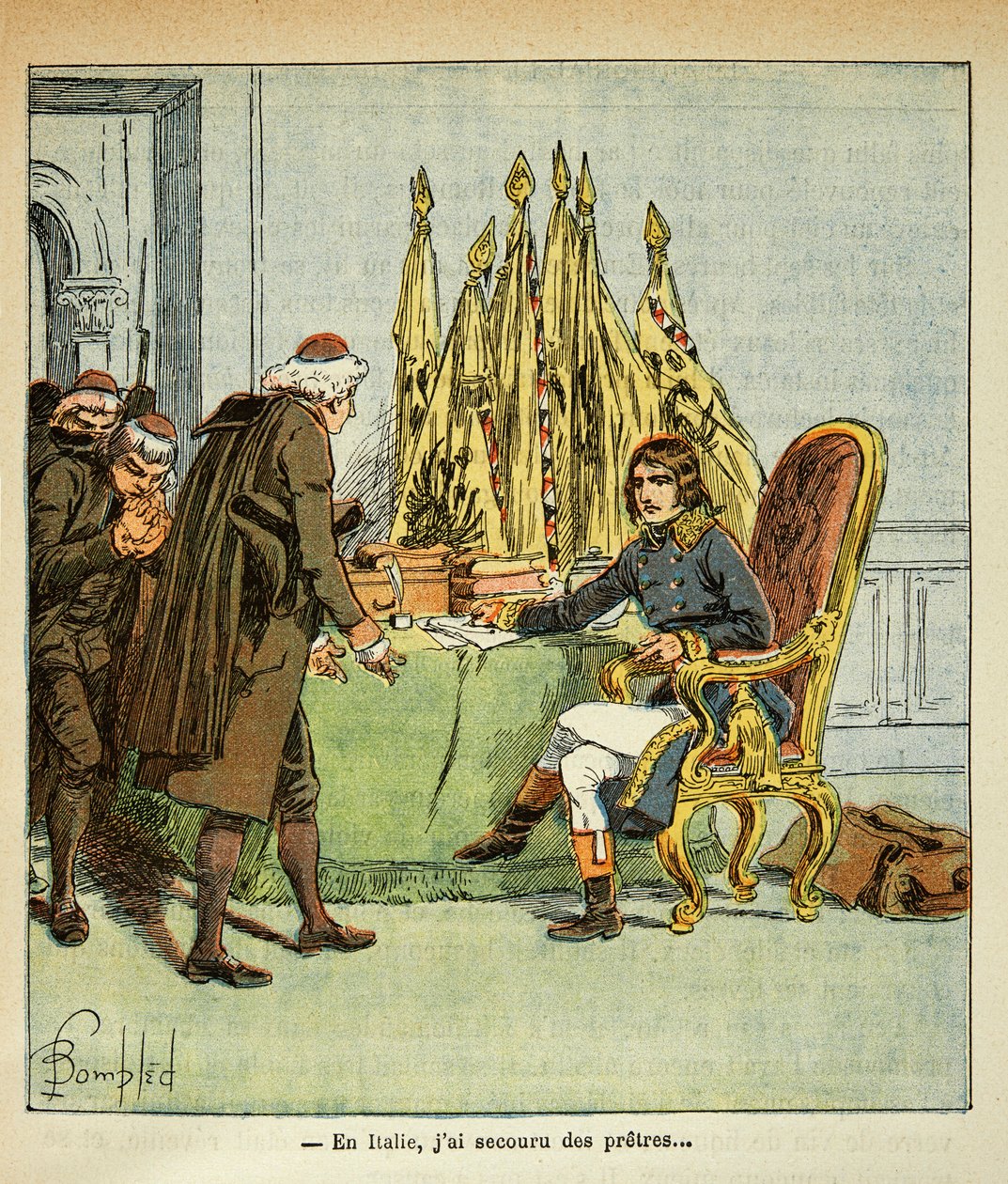Illustration af Bombled Louis (1862-1927) fra bogen "The memorial se Sainte Helene" af Grev Emmanuel de Las Cases (1766-1842): Under den italienske kampagne redder Bonaparte præster, Privatsamling af Louis Charles Bombled