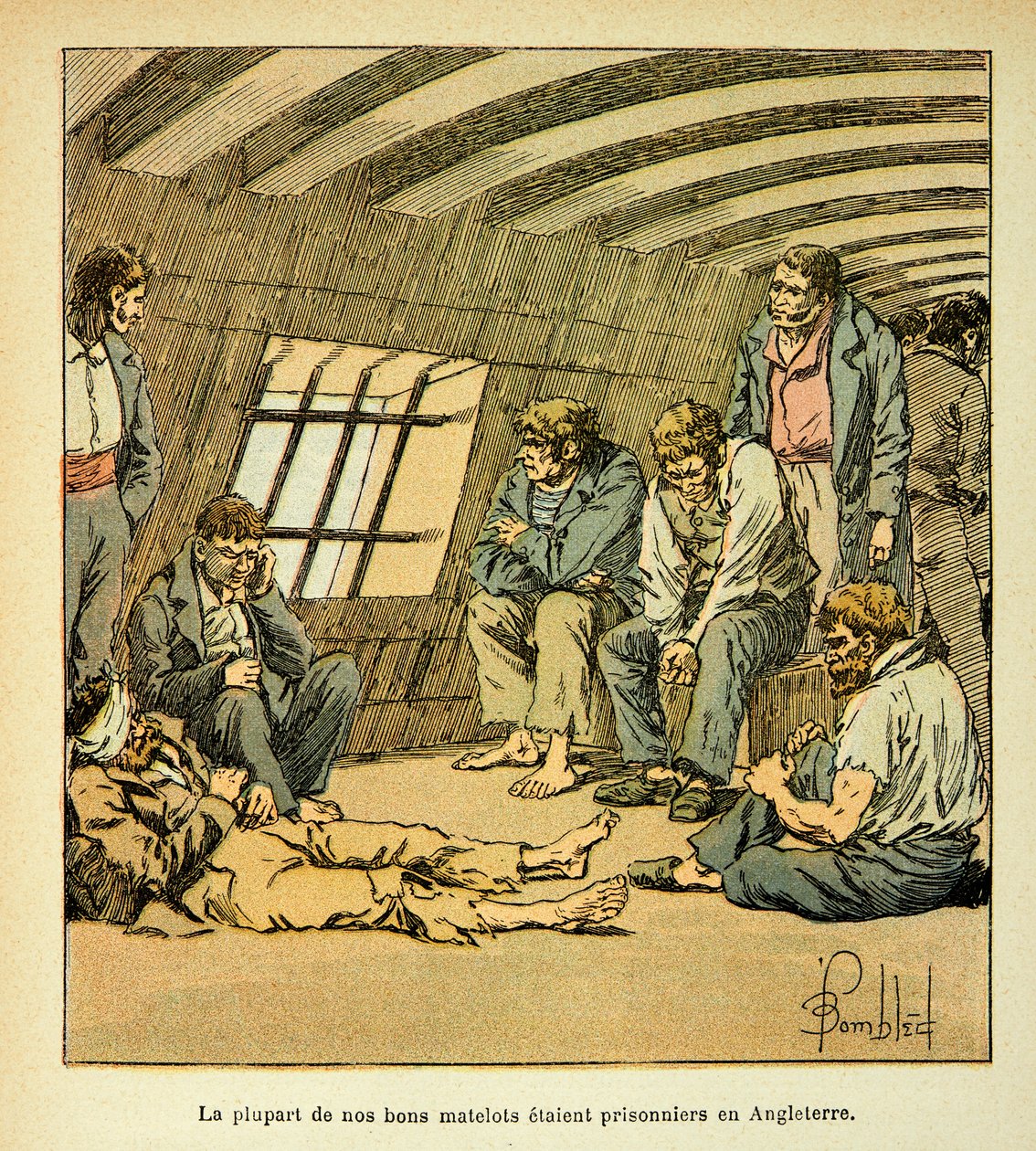 Illustration af Bombled Louis (1862-1927) fra bogen "The memorial se Sainte Helene" af Grev Emmanuel de Las Cases (1766-1842): Franske fanger på de engelske pontoner, Privat samling af Louis Charles Bombled