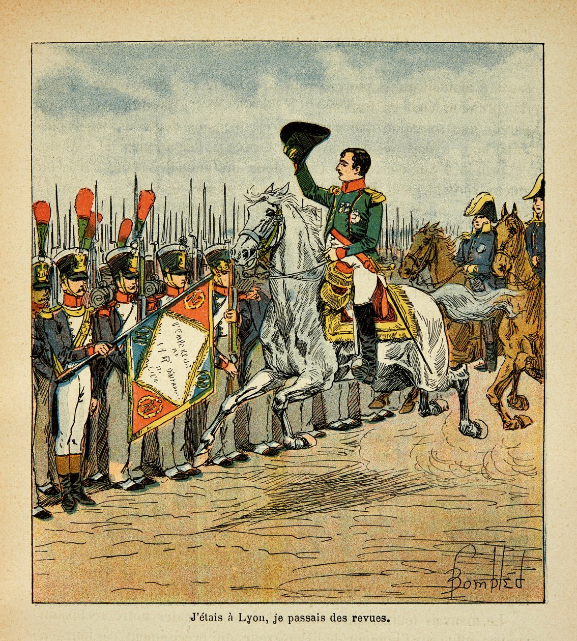 Illustration af Bombled Louis (1862-1927) fra bogen "The memorial se Sainte Helene" af grev Emmanuel de Las Cases (1766-1842): Kejser Napoleon fører tropperne gennem en gennemgang, Private Collection af Louis Charles Bombled