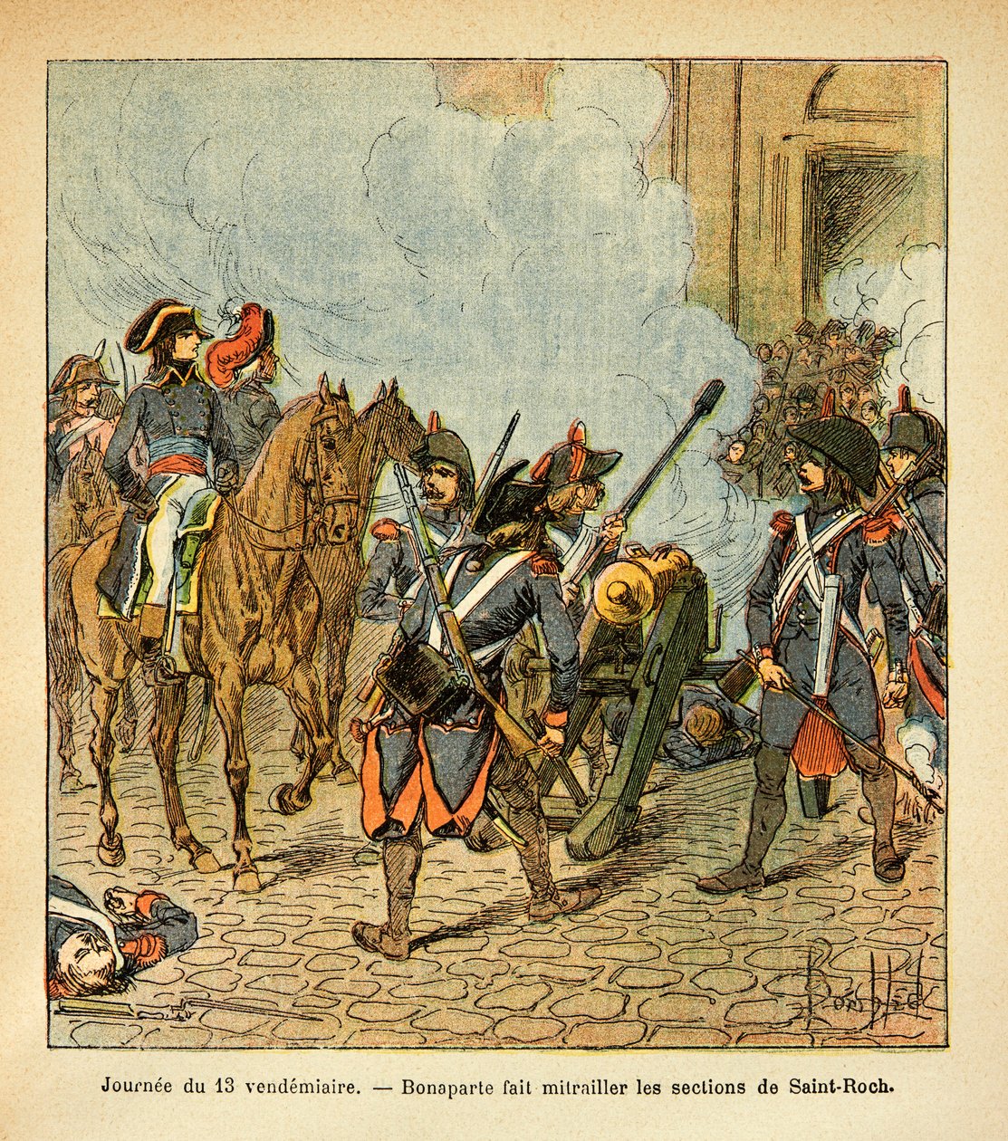 Illustration af Bombled Louis (1862-1927) fra bogen "The memorial se Sainte Helene" af Grev Emmanuel de Las Cases (1766-1842): Dagen den 13. fredag får Bonaparte sektionerne af Saint Roch til at skyde med en kanon, Privat samling af Louis Charles Bombled