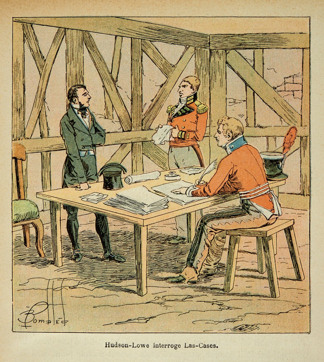 Illustration af bombede Louis (1862-1927) fra grev Emmanuel de Las Cases (1766-1842): Guvernør Hudson Lowe (1769-1844) stiller spørgsmålstegn ved Las Cases, privat samling af Louis Charles Bombled