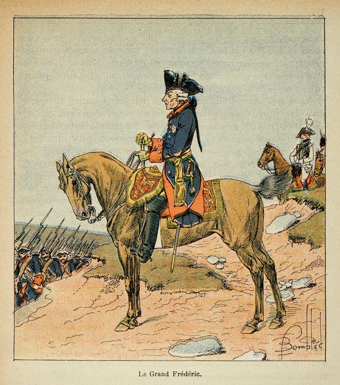 Illustration af den bombede Louis (1862-1927) fra bogen "Mindesmærket Se Sainte Helene" af grev Emmanuel de Las Cases (1766-1842): Rytterportræt af Frederik II af Preussen kaldet Den Store Frederik (1712 - 1786), menig Kollektion af Louis Charles Bombled