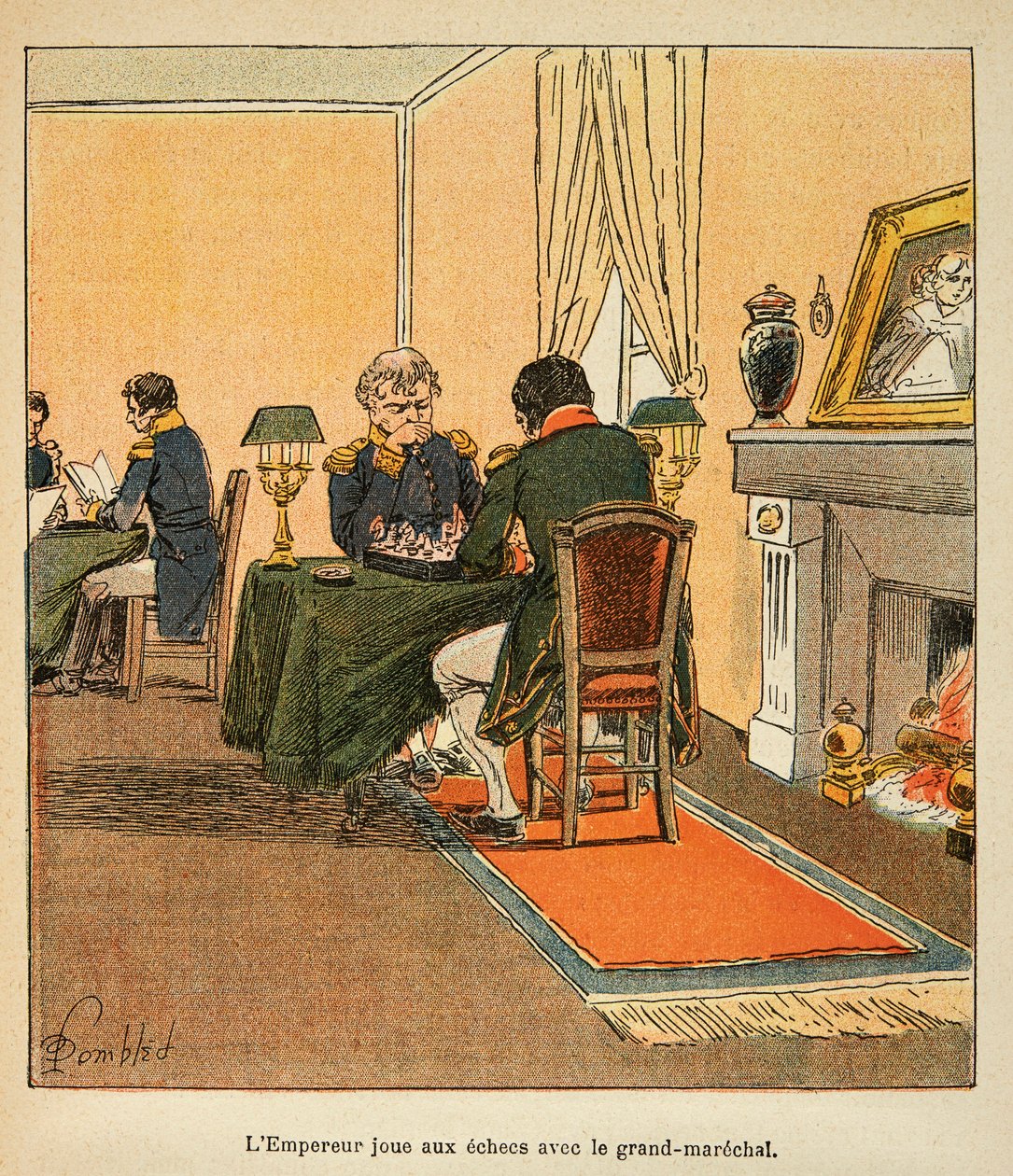 Illustration af den bombede Louis (1862-1927) fra bogen "The Memorial of Saint Helene" af grev Emmanuel de Las Cases (1766-1842): Napoleon og stormarechal Henri Gatien Bertrand (1773-1844) spiller skak i august 1816 på Ste Helene, Privat Samling af Louis Charles Bombled