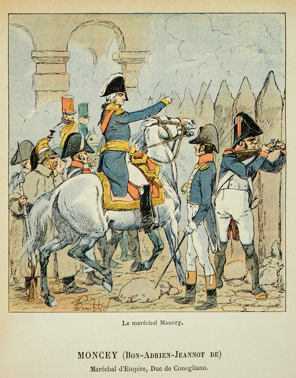 Illustration af den bombede Louis (1862-1927) fra bogen "The Memorial of Saint Helene" af grev Emmanuel de Las Cases (1766-1842): Marechal Bon Adrien Jeannot de Moncey (1754-1842), hertug af Conegliano, privat samling af Louis Charles Bombled
