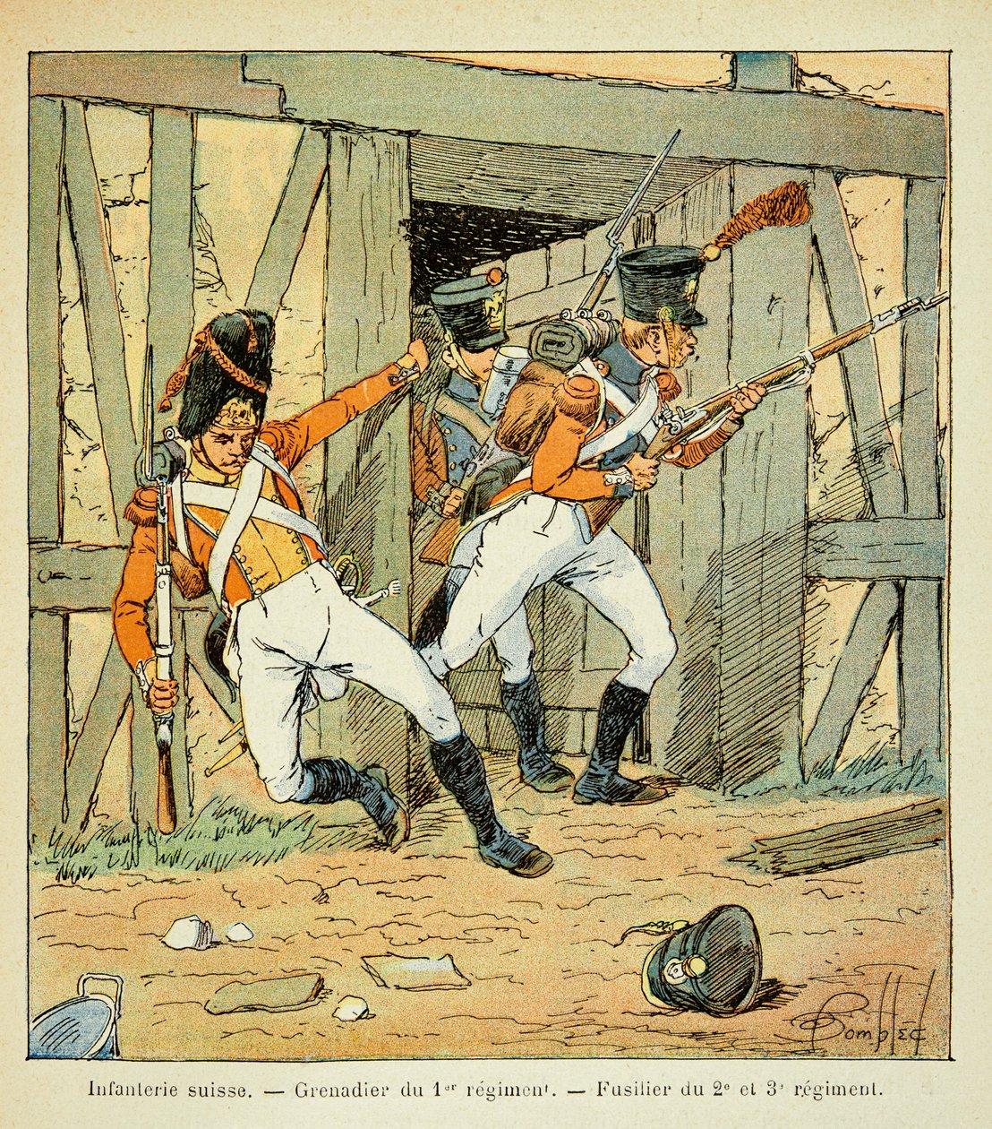 Illustration af den bombede Louis (1862-1927) fra bogen "The Memorial of Saint Helene" af Grev Emmanuel de Las Cases (1766-1842): Schweizisk infanteri: Grenadier af 1. regiment og fusilier af 2., 3. og 3. regiment, Privat samling af Louis Charles Bombled