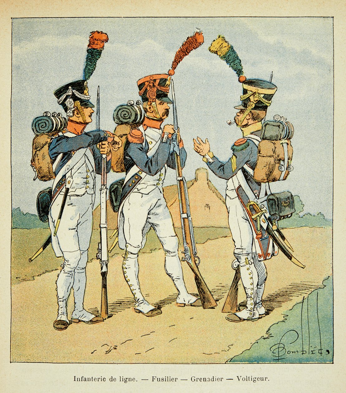 Illustration af den bombede Louis (1862-1927) fra bogen "The Memorial of Saint Helene" af grev Emmanuel de Las Cases (1766-1842): Armee Francaise: Linjeinfanteri: fusilier, grenadier og voltiger, Privat samling af Louis Charles Bombled