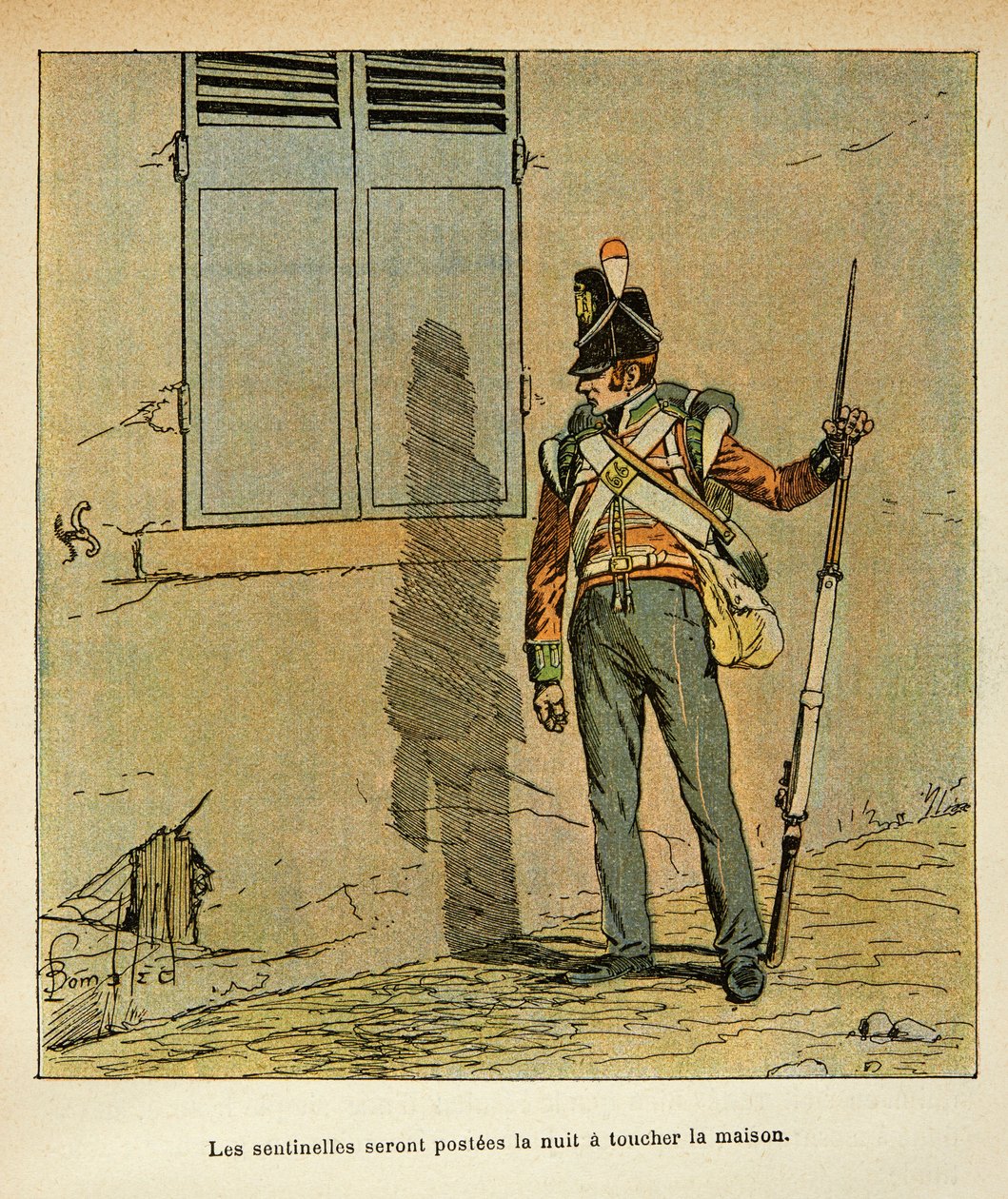 Illustration af den bombede Louis (1862-1927) fra bogen "The Memorial of Saint Helene" af grev Emmanuel de Las Cases (1766-1842): Engelsk vagtpost stationeret nær kejserens hus i St. Helene, privat samling af Louis Charles Bombled