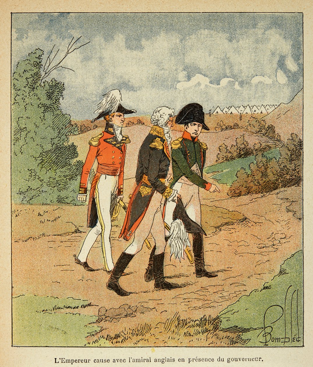 Illustration af den bombede Louis (1862-1927) fra bogen "The Memorial of Saint Helene" af grev Emmanuel de Las Cases (1766-1842): Samtale mellem Napoleon, guvernør Hudson Mowe og den engelske admiral Cockburn i august 1816 i Ste Helene, Private Co af Louis Charles Bombled