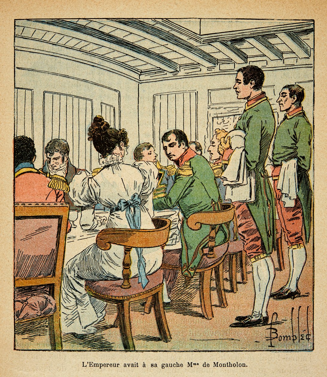 Illustration af den bombede Louis (1862-1927) fra bogen "The Memorial of Saint Helene" af grev Emmanuel de Las Cases (1766-1842): Middag for kejser Napoleon om bord på Northumberland på vej til St. Helene med fru De Montholon på venstre hånd, menig af Louis Charles Bombled