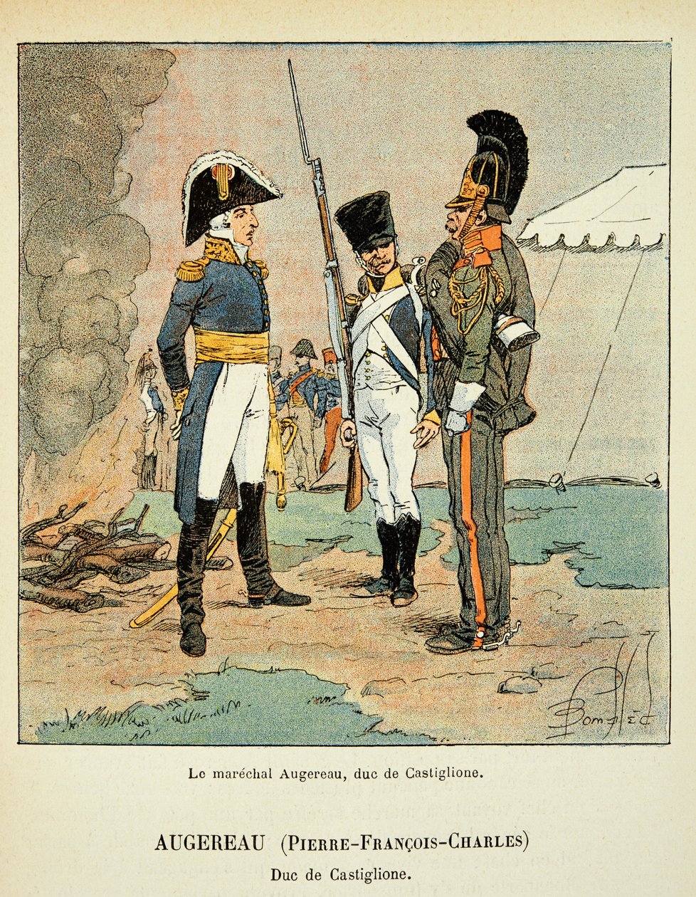 Illustration af den bombede Louis (1862-1927) fra bogen "The Memorial of Saint Helene" af grev Emmanuel de Las Cases (1766-1842): Le marechal Pierre Augereau (1757-1816), hertug af Castiglione, privat samling af Louis Charles Bombled