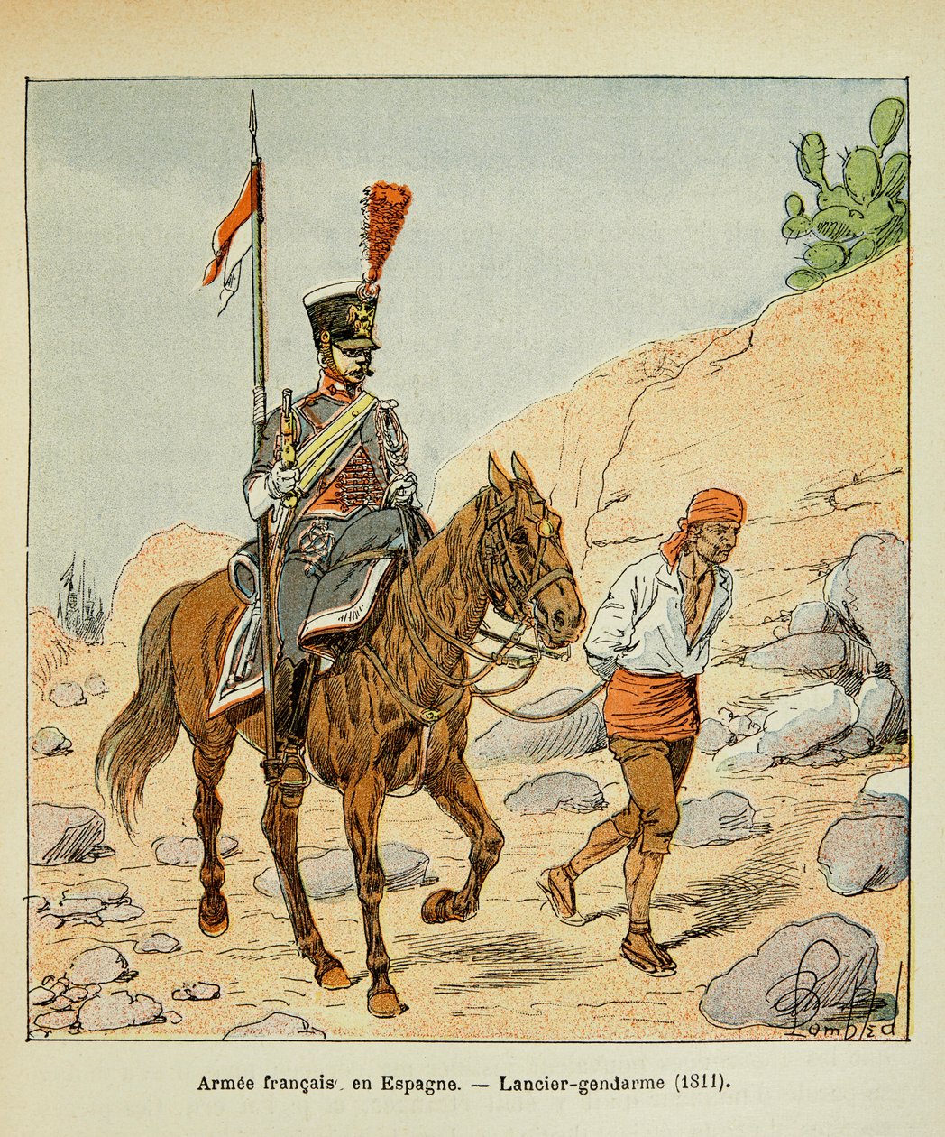 Illustration af den bombede Louis (1862-1927) fra bogen "The Memorial of Saint Helene" af grev Emmanuel de Las Cases (1766-1842): Fransk Armee i Spanien: Lancier gendarme 1811, privat samling af Louis Charles Bombled