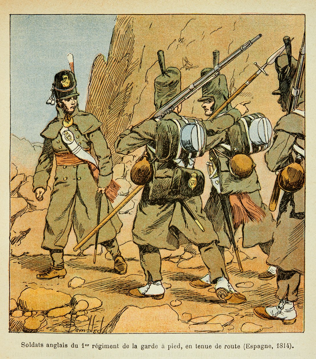 Illustration af den bombede Louis (1862-1927) fra bogen "The Memorial of Saint Helene" af grev Emmanuel de Las Cases (1766-1842): Engelske soldater fra 1. Garderegiment i en vejstand (Spanien 1814), privat samling af Louis Charles Bombled