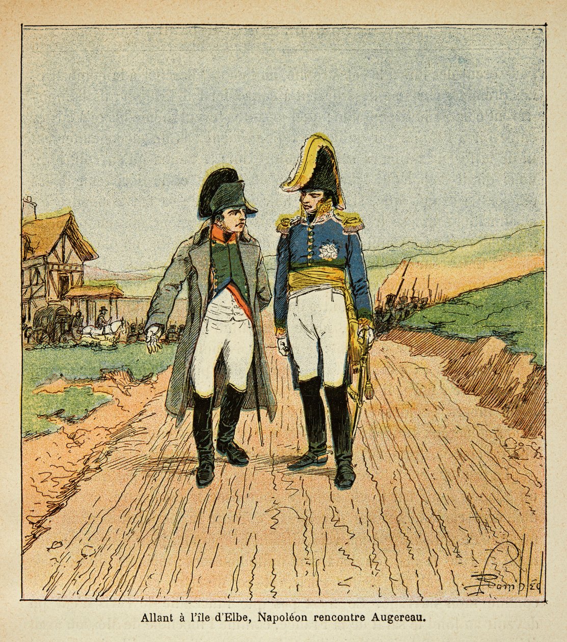 Illustration af den bombede Louis (1862-1927) fra bogen "The Memorial of Saint Helene" af grev Emmanuel de Las Cases (1766-1842): På vej til øen Elba møder Napoleon Augereau, Privatsamling af Louis Charles Bombled