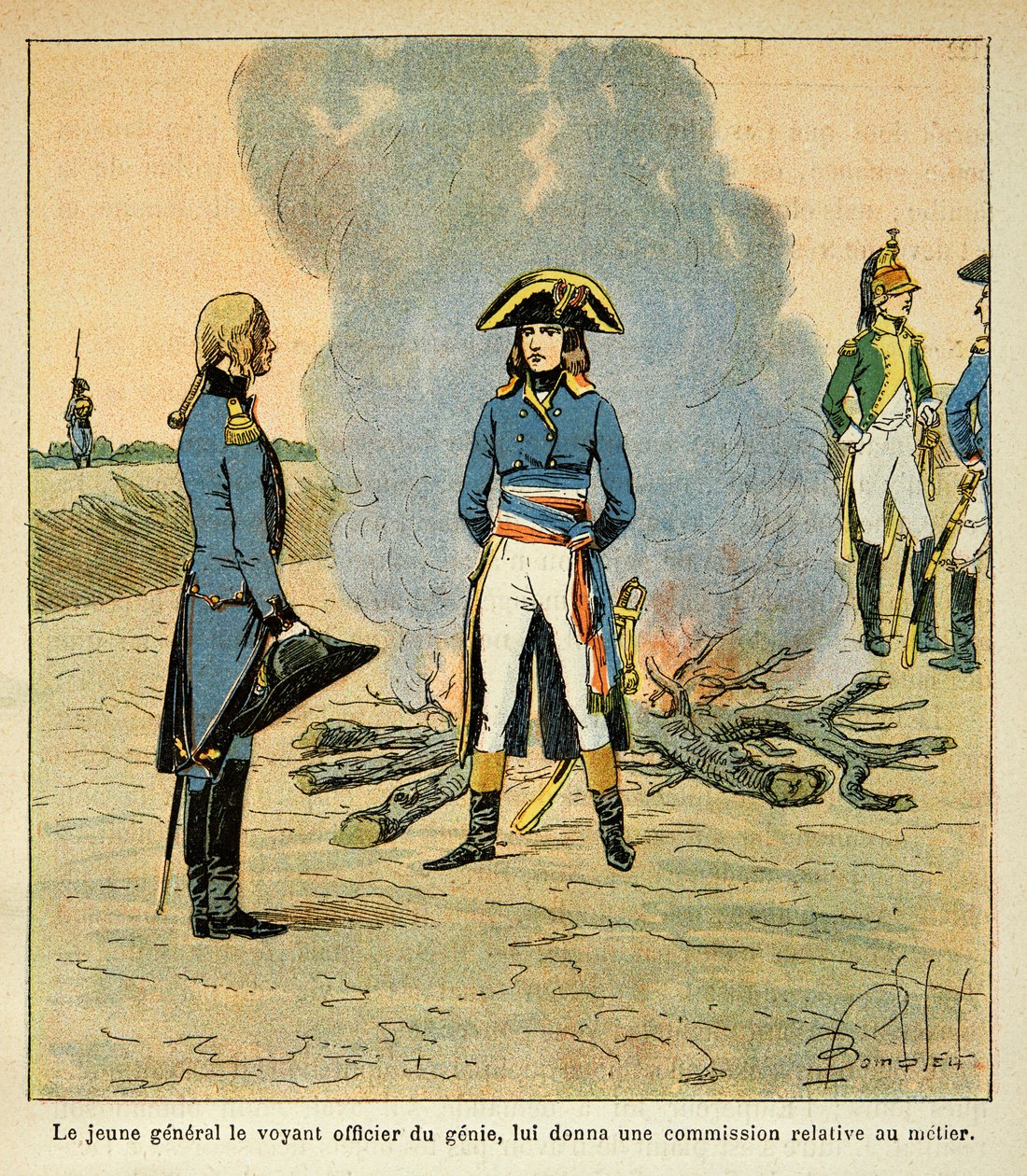 Illustration af den bombede Louis (1862-1927) fra bogen "The Memorial of Saint Helene" af grev Emmanuel de Las Cases (1766-1842): første møde mellem Bonaparte og marechal Henri Gatien Bertrand (1773-1844), daværende åndens officer i Italiens hær af Louis Charles Bombled