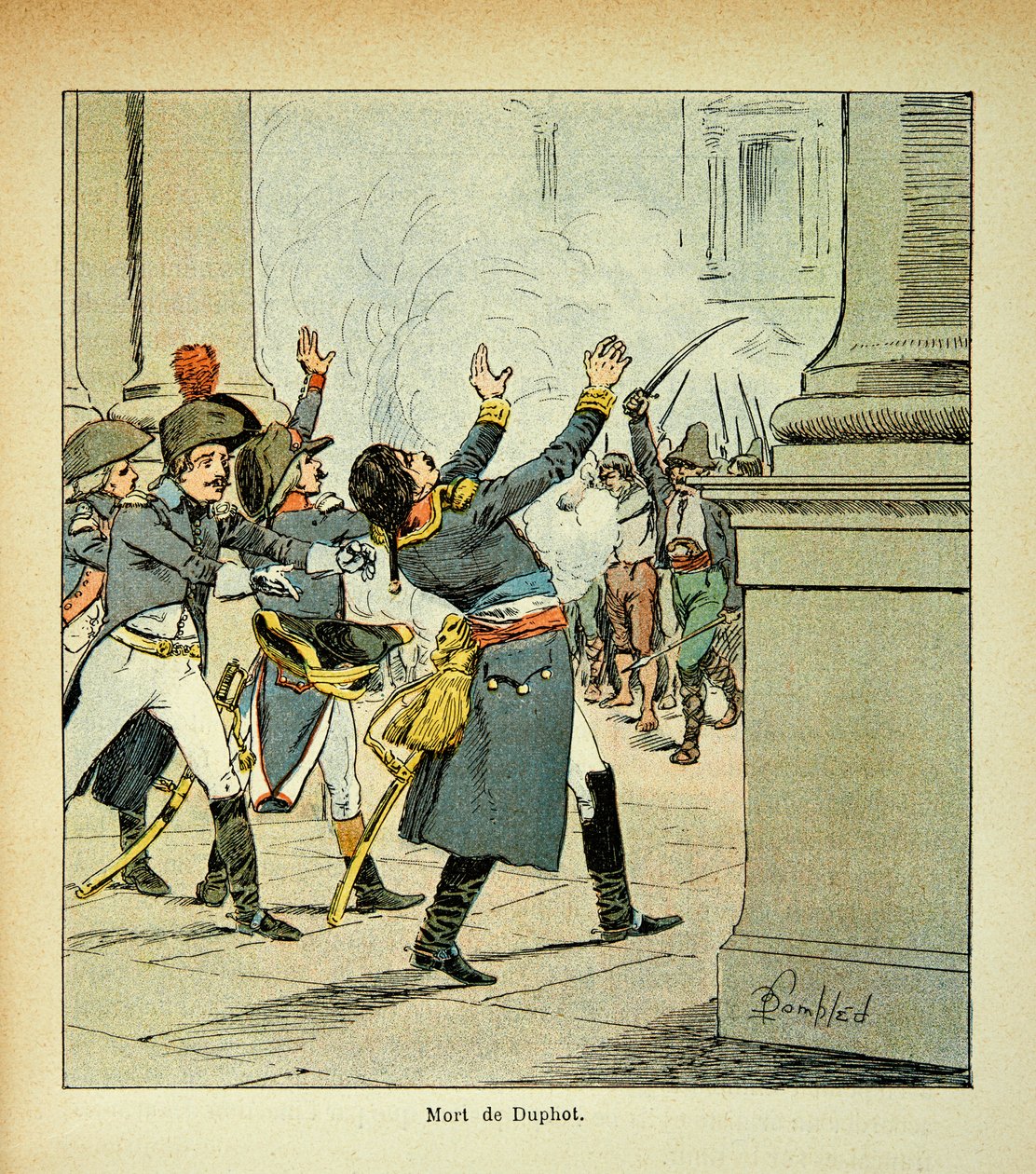 Illustration af den bombede Louis (1862-1927) fra bogen "The Memorial of Saint Helene" af grev Emmanuel de Las Cases (1766-1842): Mordet på general Leonard Duphot (1769-1797) i Rom i 1797, privat samling af Louis Charles Bombled