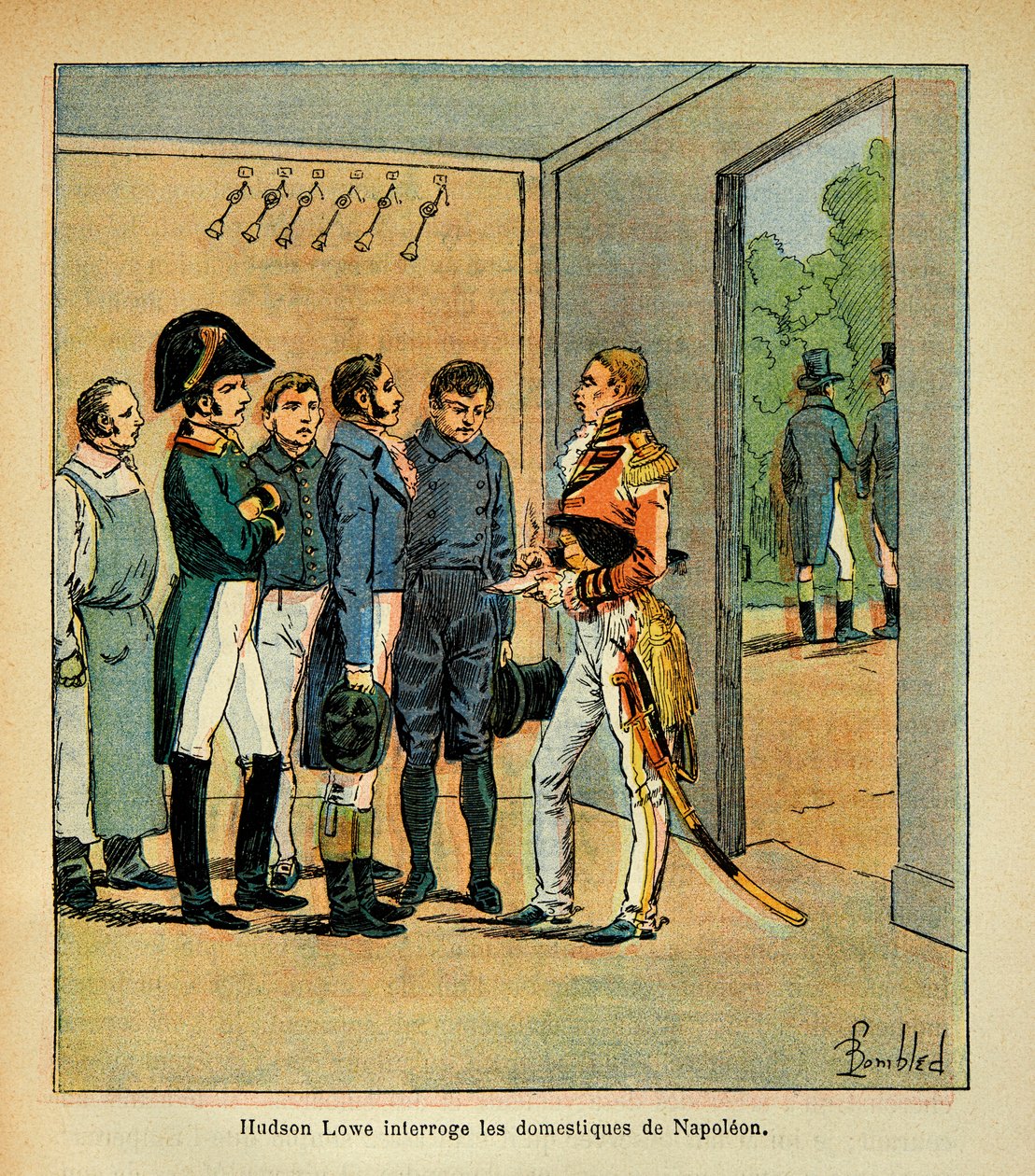 Illustration af den bombede Louis (1862-1927) fra bogen "The Memorial of Saint Helene" af grev Emmanuel de Las Cases (1766-1842): Guvernør Hudson Lowe (1769-1844) udspørger kejser Napoleons tjenere, privatsamling af Louis Charles Bombled