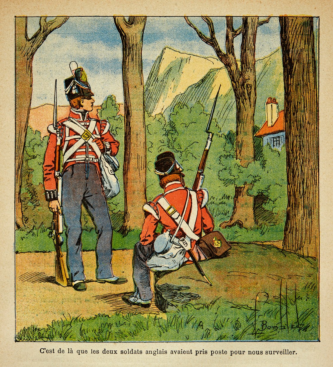 Illustration af den bombede Louis (1862-1927) fra bogen "The Memorial of Saint Helene" af grev Emmanuel de Las Cases (1766-1842): Engelske soldater med ansvar for overvågningen af kejser Napoleon i St. Helene, privat samling af Louis Charles Bombled
